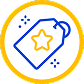 Blue price tag with a yellow star in the center and decorative sparkles around, enclosed in a yellow circle.